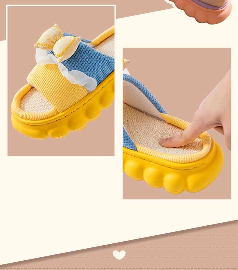 親子款厚底海綿感亞麻室內拖鞋-澎澎蝴蝶結-黃+藍