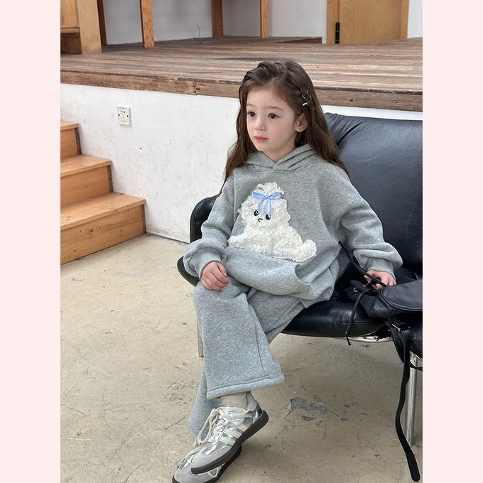 韓版立體捲毛小狗連帽衛衣運動褲套裝