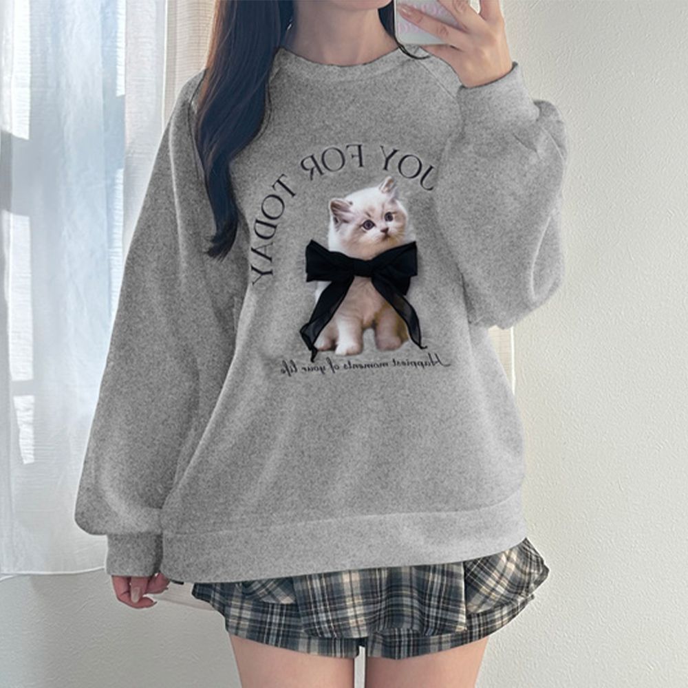 薄紗蝴蝶結貓咪印花長袖上衣-灰 (F)