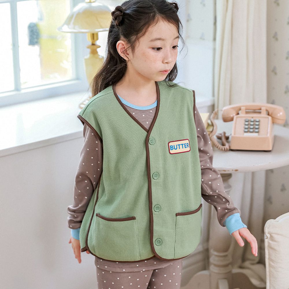 純棉鬆餅格織紋V領口袋背心-抹茶綠