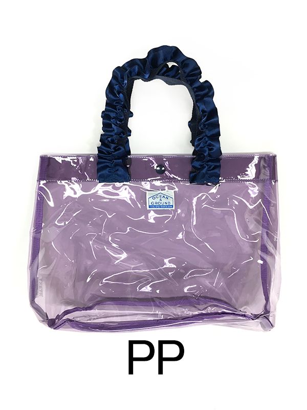 日本 OCEAN&GROUND - 透明PVC防水手提袋-緞帶度假風-灰黑 CH (27x33x20.5cm)