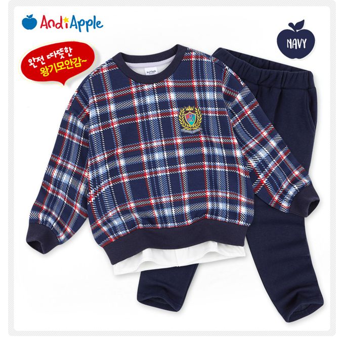 韓國 AndiApple - 學院風格紋假兩件內刷毛長袖套裝-深藍