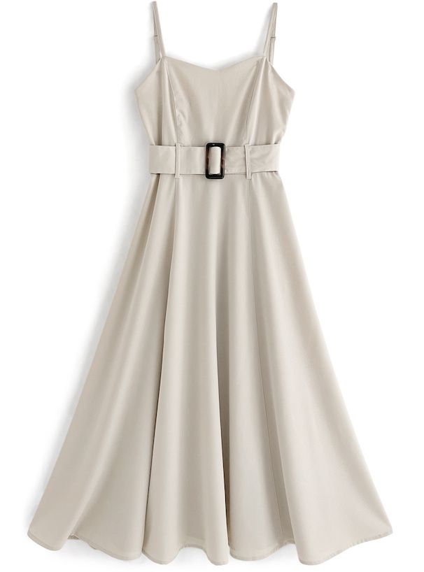 日本 GRL - 優雅修身寬腰帶吊帶裙/洋裝-淺米杏