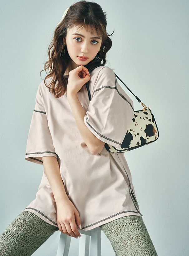 日本 GRL - 純棉柔軟考克邊長版短袖上衣-白