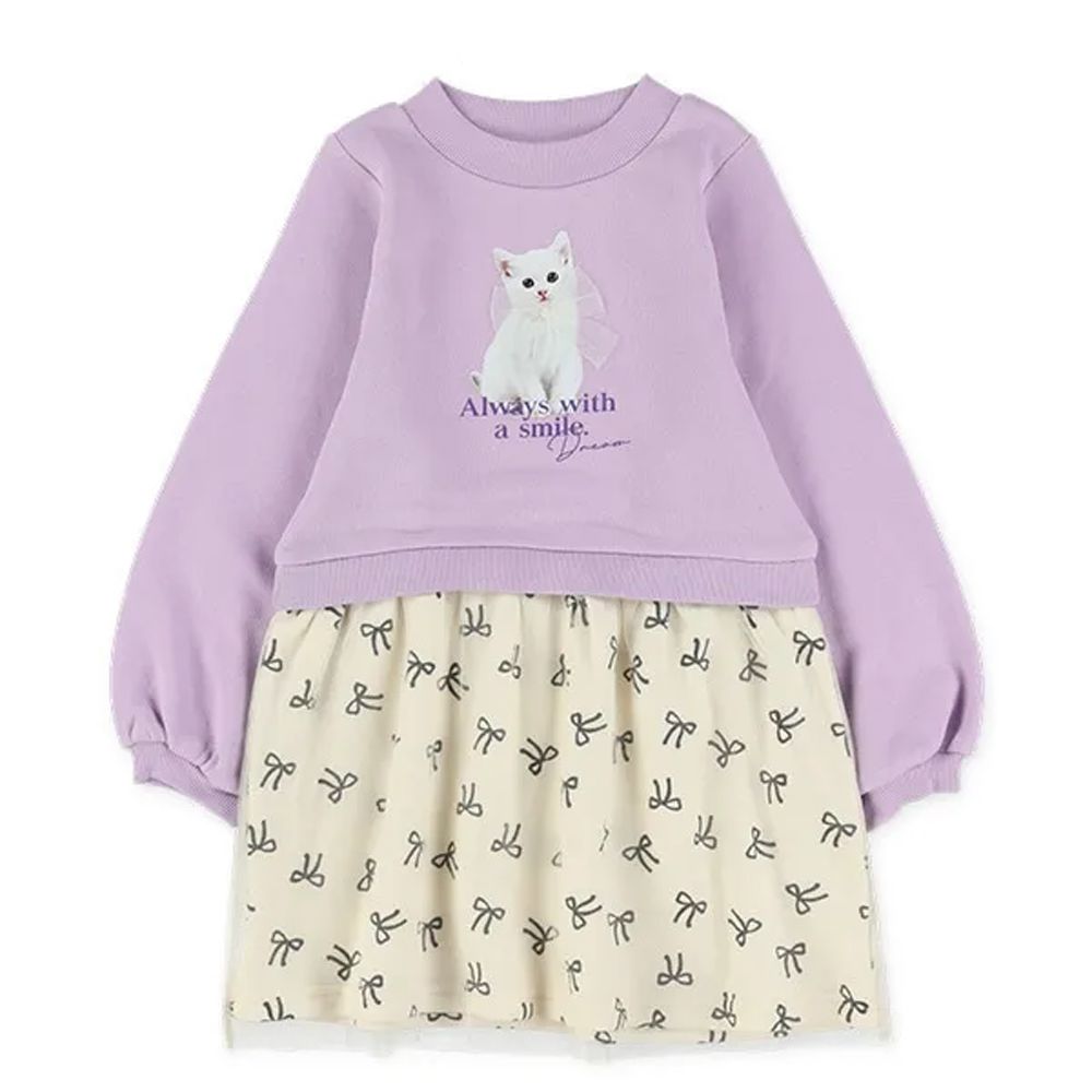 貓咪印花拼接刷毛長袖洋裝-紫