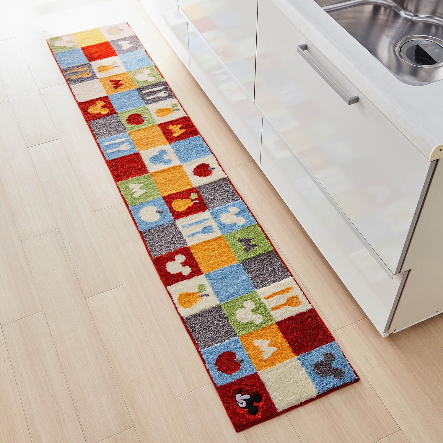 日本千趣會 - 迪士尼 長條型腳踏墊(廚房/臥室)-彩色方格 米奇-黃綠紅藍