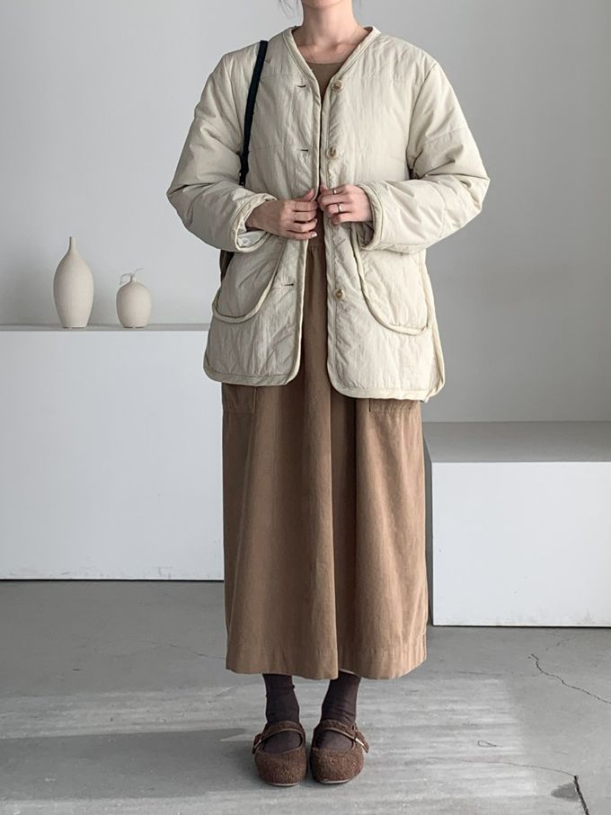 韓國女裝連線 - 極簡大口袋燈芯絨連身洋裝-焦糖棕 (FREE)