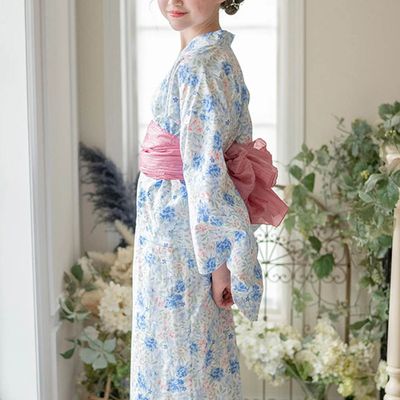日本 Catherine Cottage - 夢幻2way純棉兵兒帶浴衣(可當洋裝)-牡丹花-水藍白