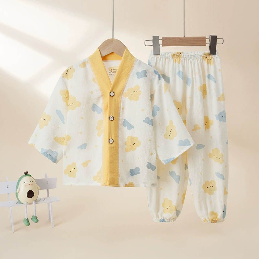 開襟式七分袖家居服套裝/空調服-雲朵-撞色黃