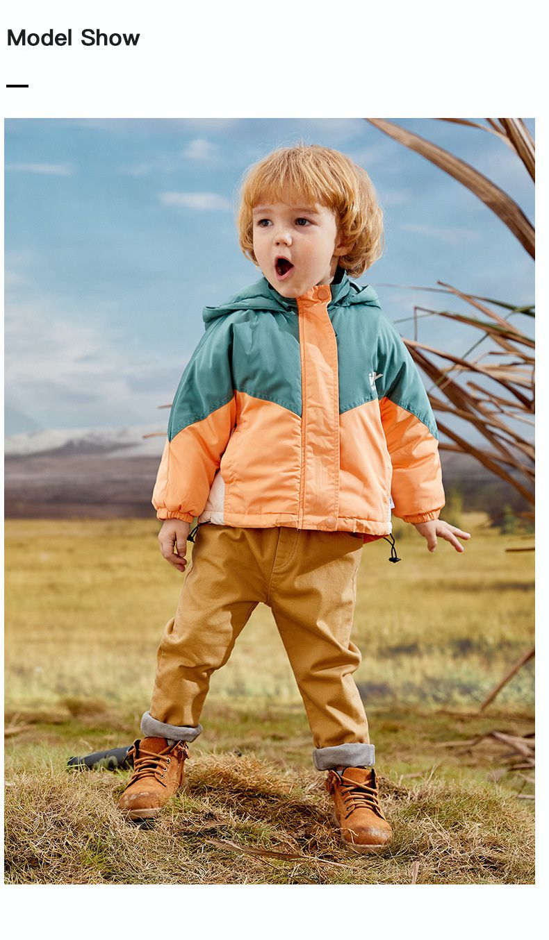 加厚連帽拼色羽絨外套-橘+綠