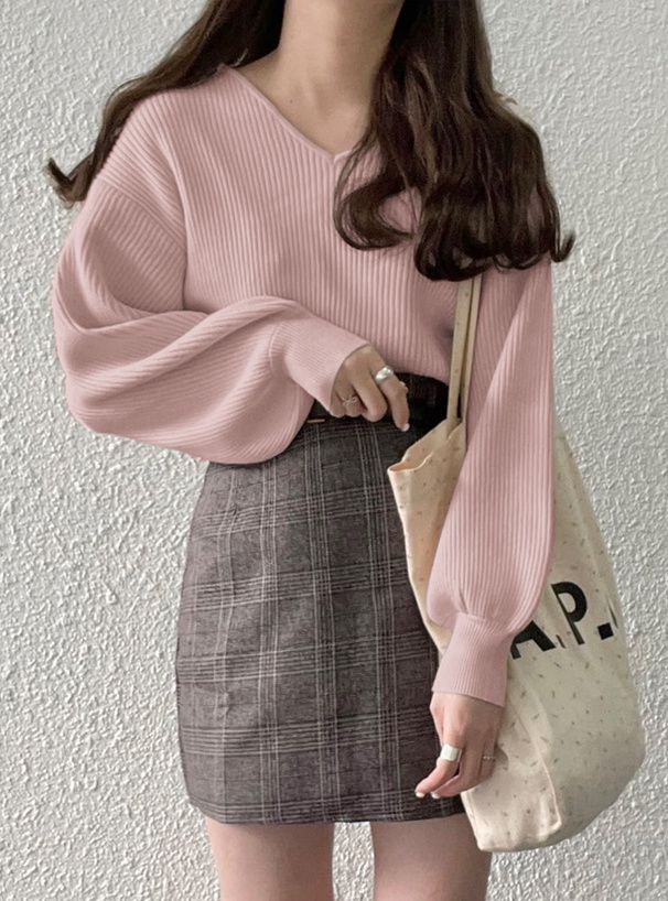 日本 GRL - 修身V領澎袖針織上衣-清新綠 (F)