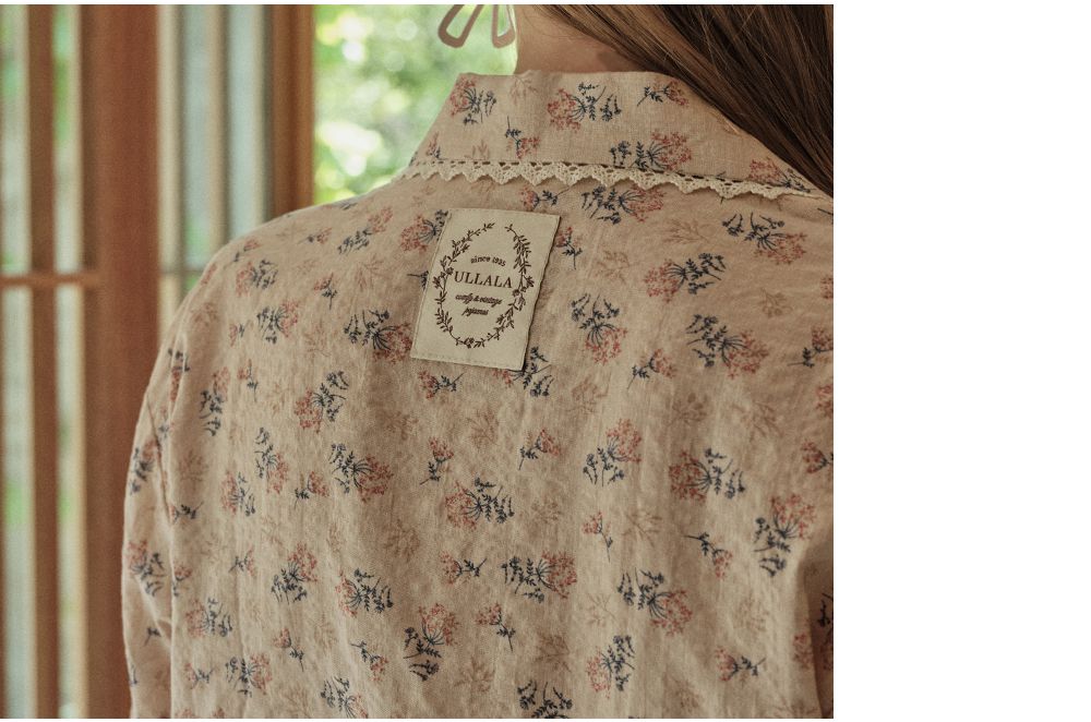 韓國 ULLALA - 圓點碎花長袖睡衣-(兩件式)-杏 (FREE)