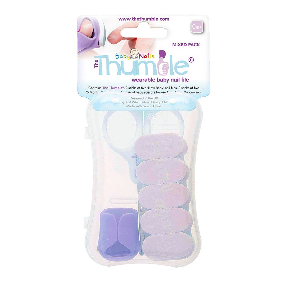 英國 Baby Nails - 大拇哥嬰兒磨甲器-新生兒 & 6m+套組-(紫色/藍色磨片各10片+指套+剪刀)
