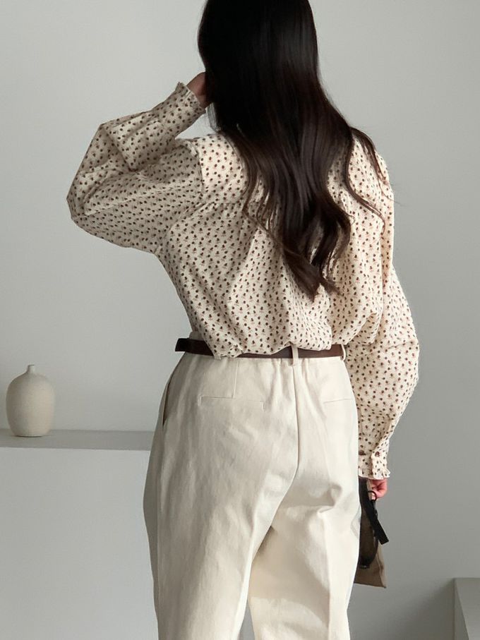 韓國女裝連線 - 滿版小花朵燈芯絨長袖襯衫-米 (FREE)