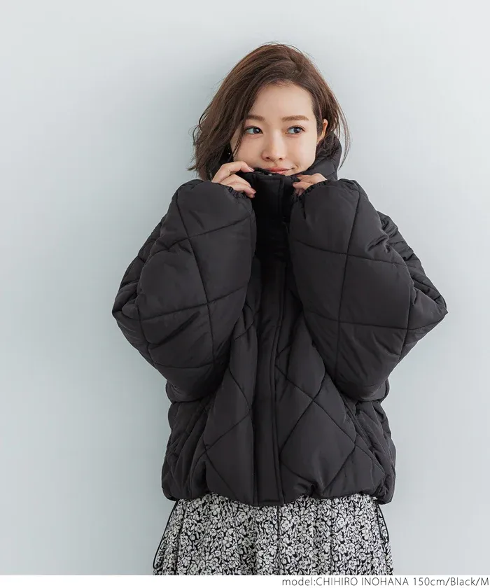 日本 COCA - 菱紋衍縫翻領鋪棉短版外套-氣質米