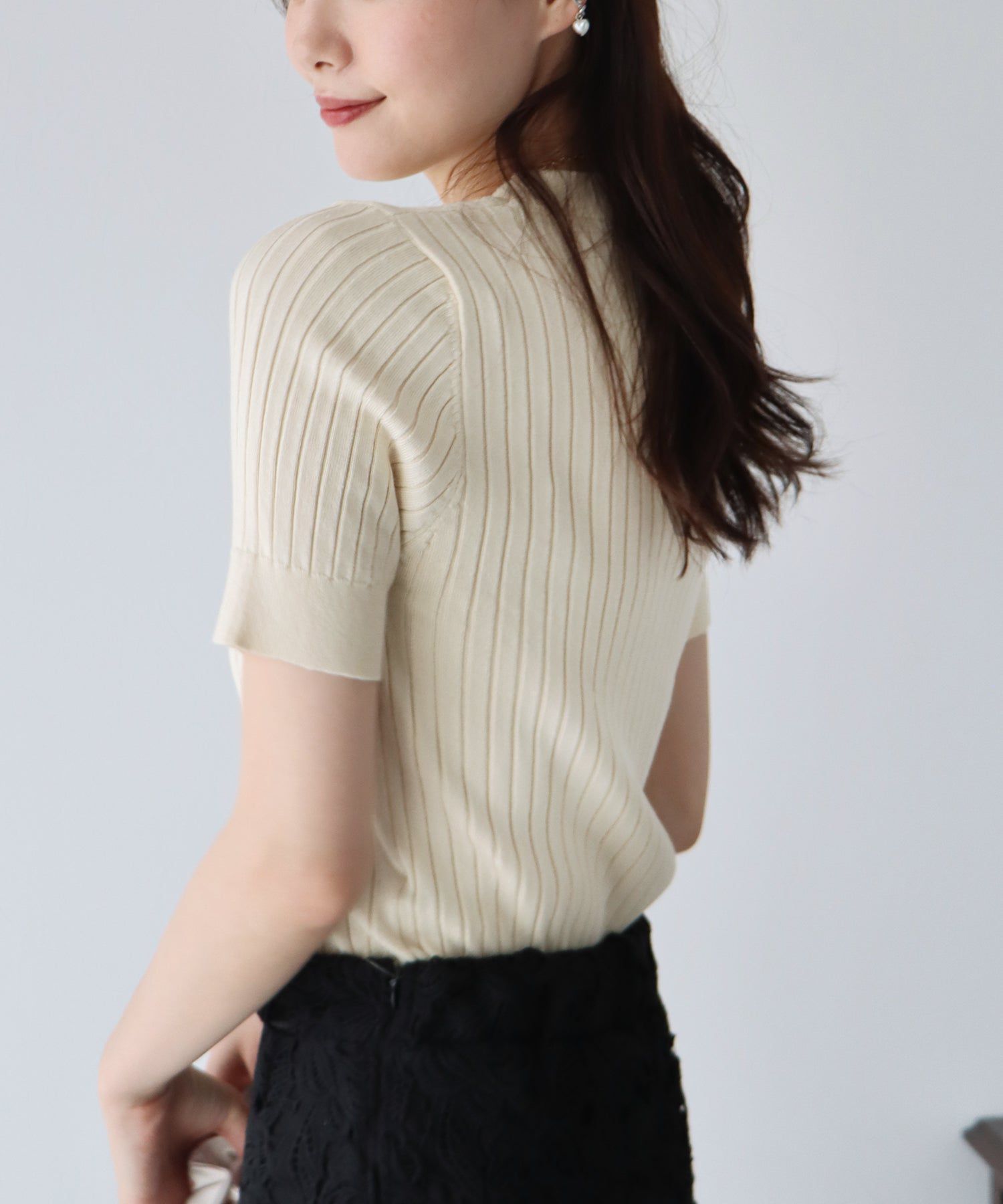 日本 BLUE EAST - 彈性寬羅紋薄針織短袖上衣-淺粉x白