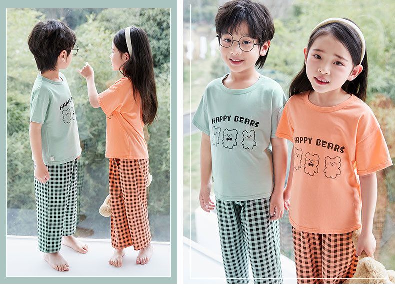 萊卡薄款短袖寬褲家居服套裝/空調服-熊熊+格子褲-奶油白