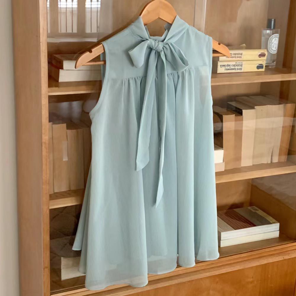 韓國女裝連線 - 飄逸透膚網紗綁帶無袖上衣-薄荷藍 (FREE)