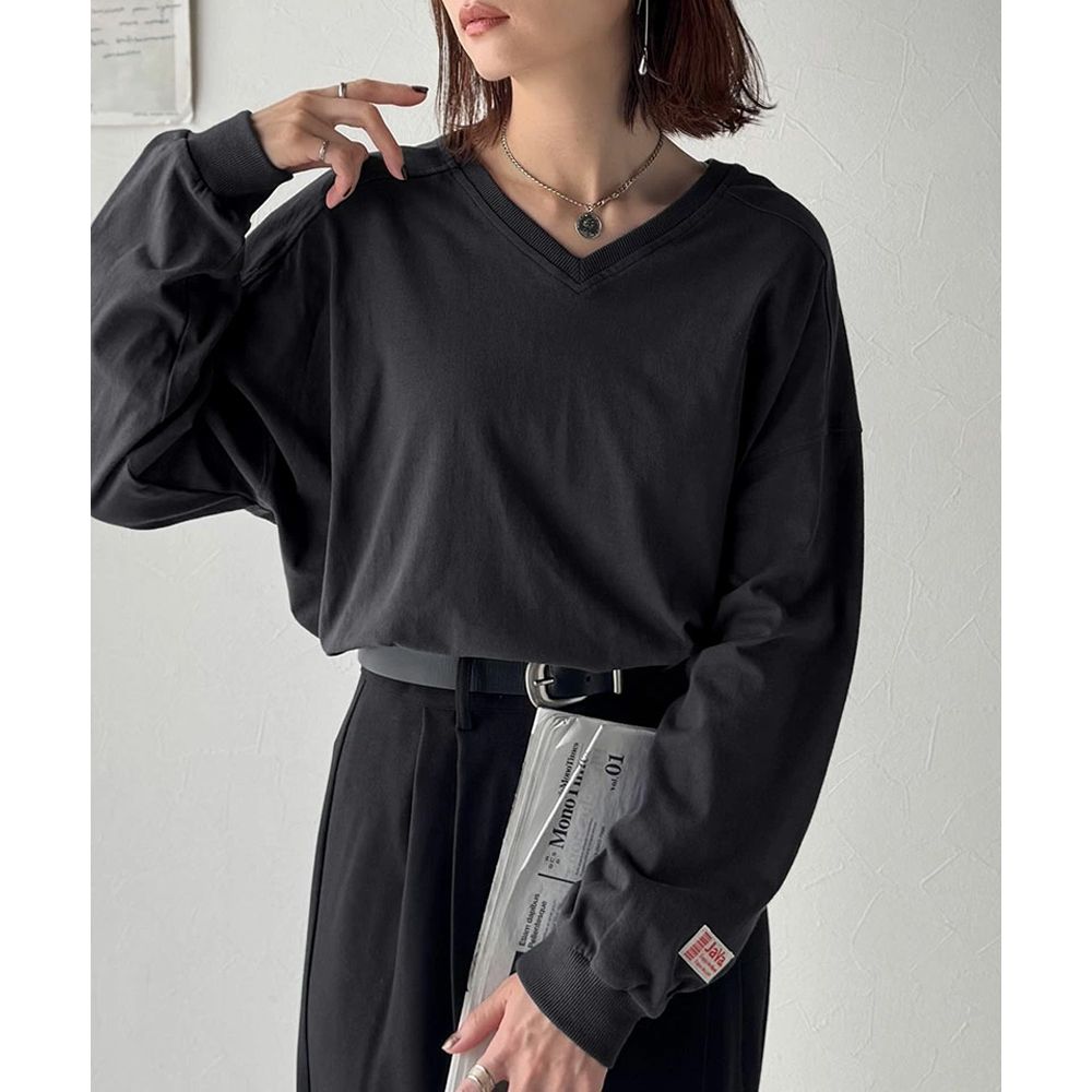 Java 簡約顯瘦V領長袖上衣-炭灰