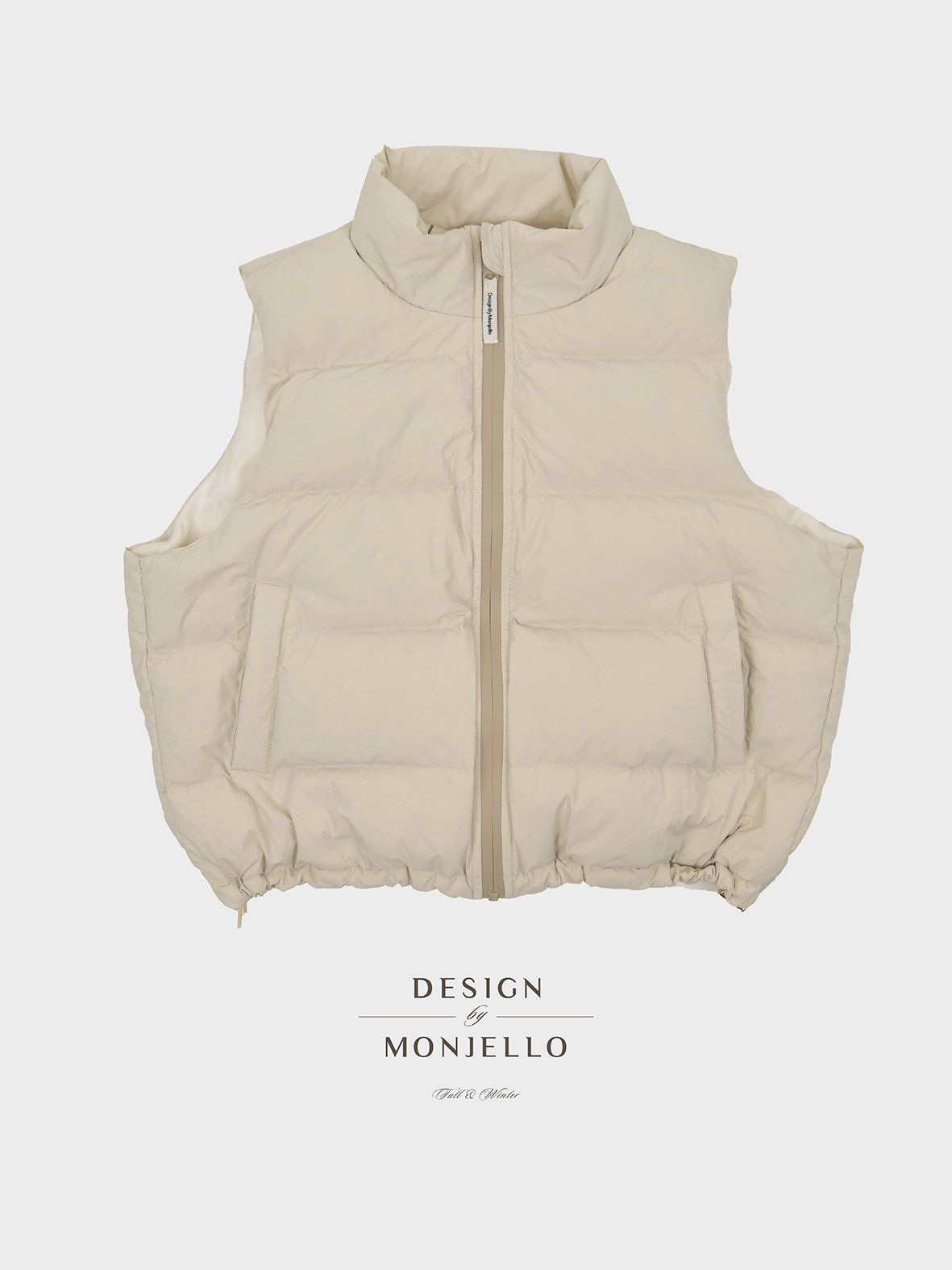 韓國 MONJELLO - (100%鴨絨)防潑水立領羽絨背心-淺卡其
