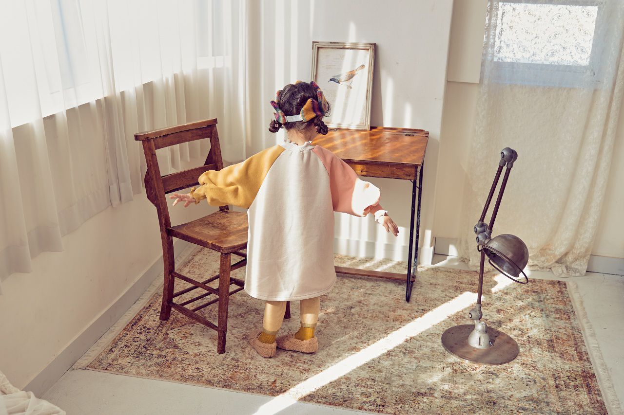 韓國 Mimico - (裏起毛)(附髮帶)立體小鹿拼接色泡泡袖洋裝