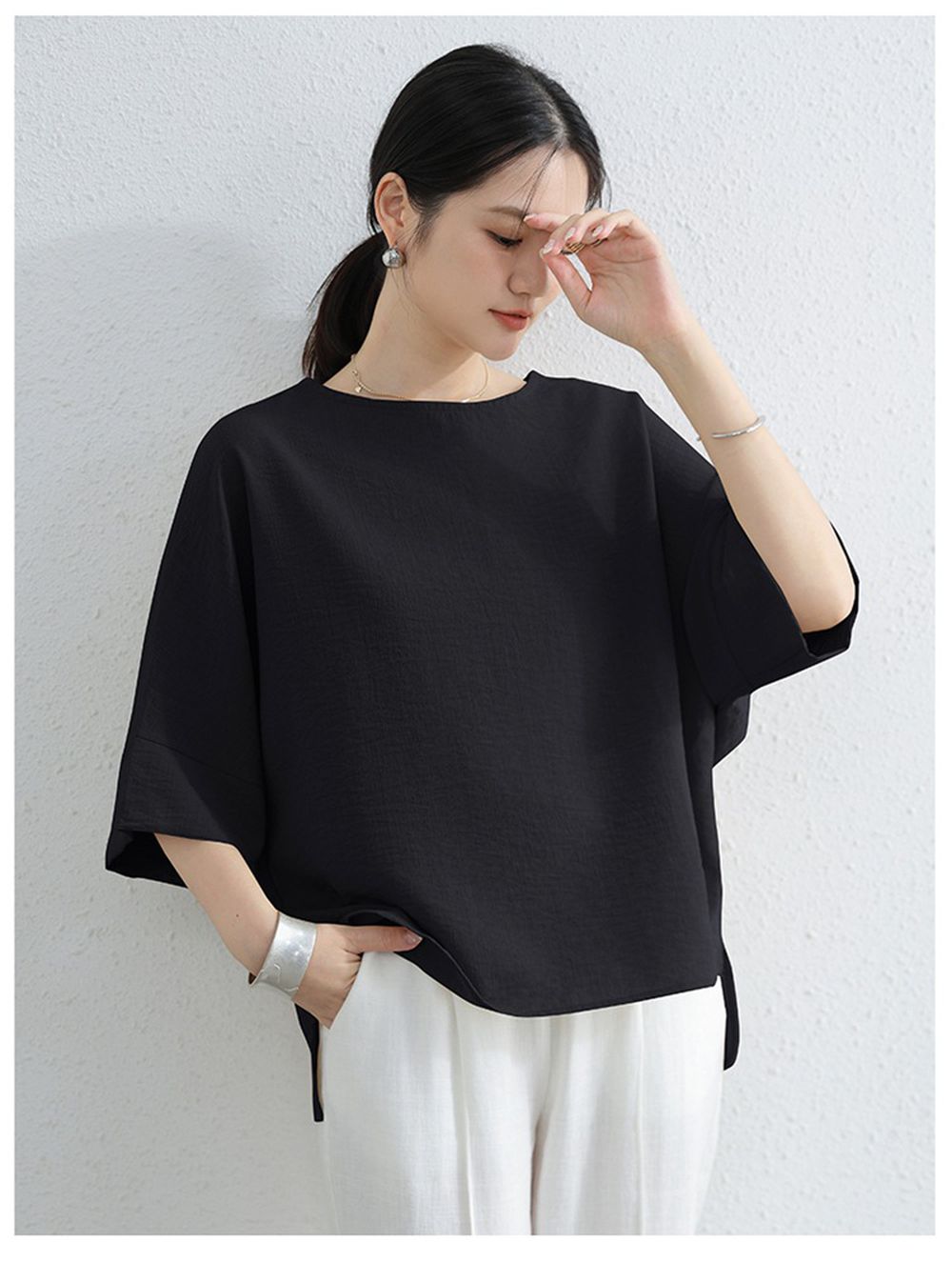 簡約優雅寬袖上衣-黑色 (F)