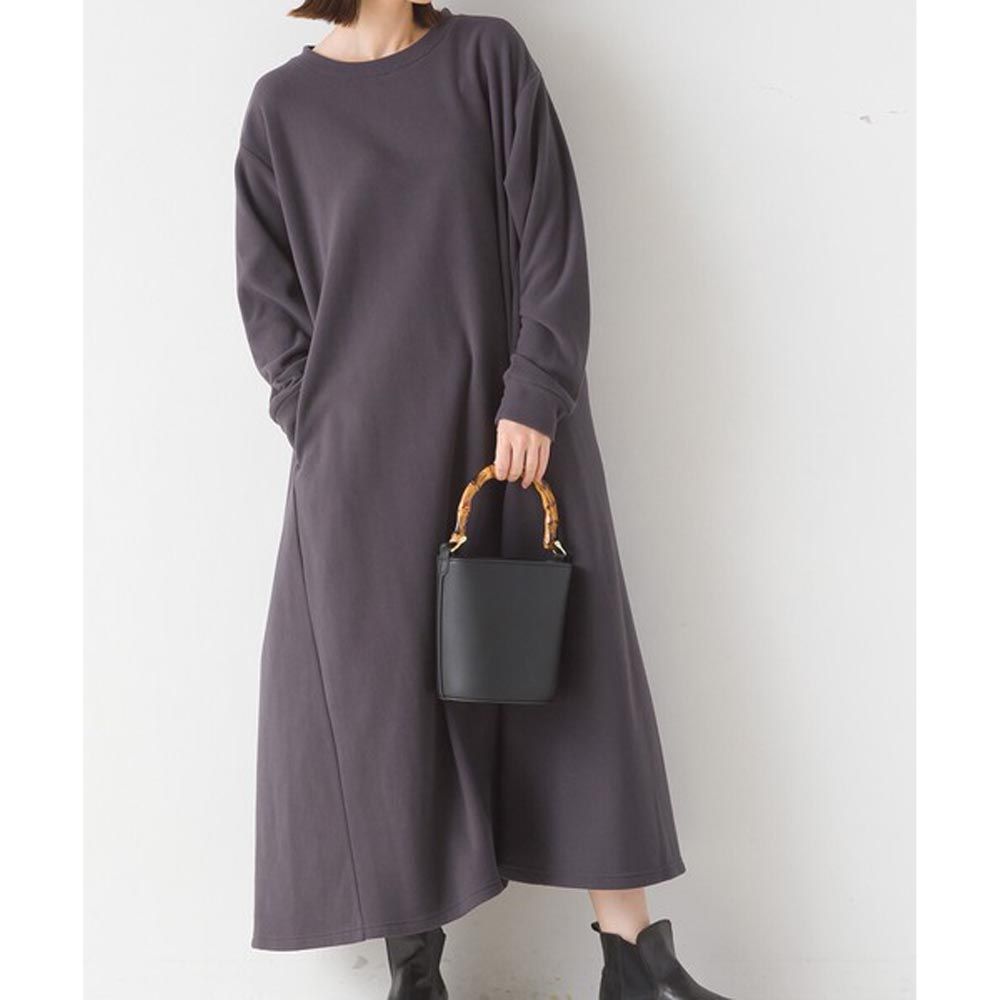 日本 OMNES - 防靜電微絨定番長袖洋裝-炭黑