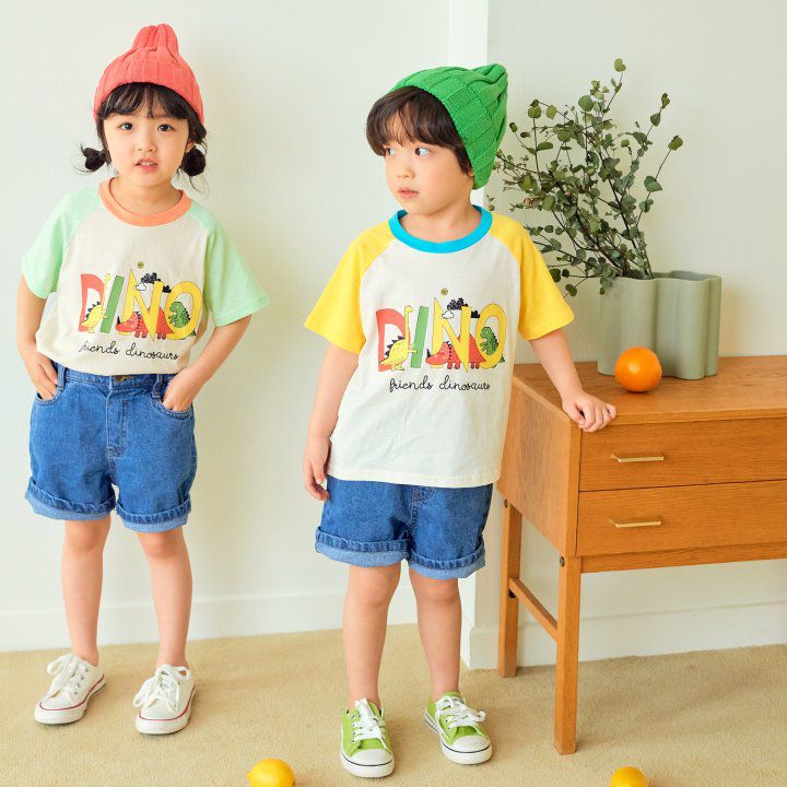韓國 Hanab - DINO王國拼接色純棉T-黃