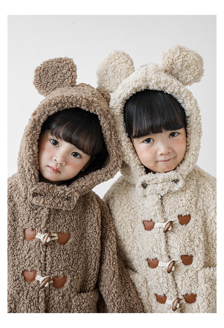 TONGMO - 立體造型羊羔絨牛角釦連帽外套-熊耳朵-米色