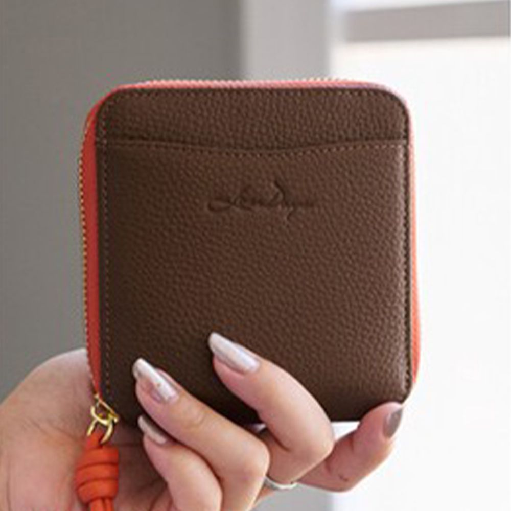 優雅輕量迷你真皮短夾(防盜設計)-咖啡x橘 (10.5x11cm)
