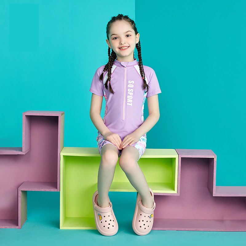 女寶運動風短袖連身泳衣-SPORT-紫色