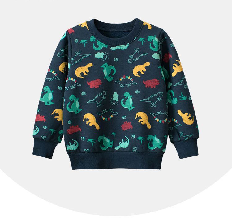 加絨棉質圓領長袖上衣/大學T-滿滿恐龍-深藍色