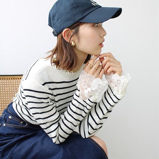 日本 BELLUNA - 優雅蕾絲拼接羅紋針織上衣-沙杏