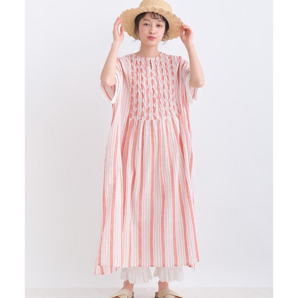 日本 Lupilien - 100%印度棉 皺摺寬袖夏日洋裝-粉紅條紋
