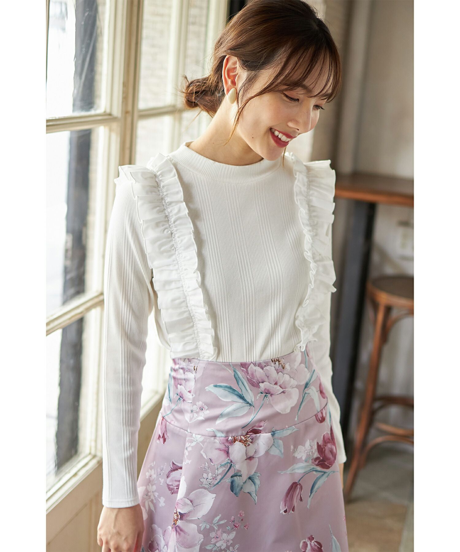 日本 tocco-closet - 奢華荷葉邊羅紋針織上衣-星塵粉