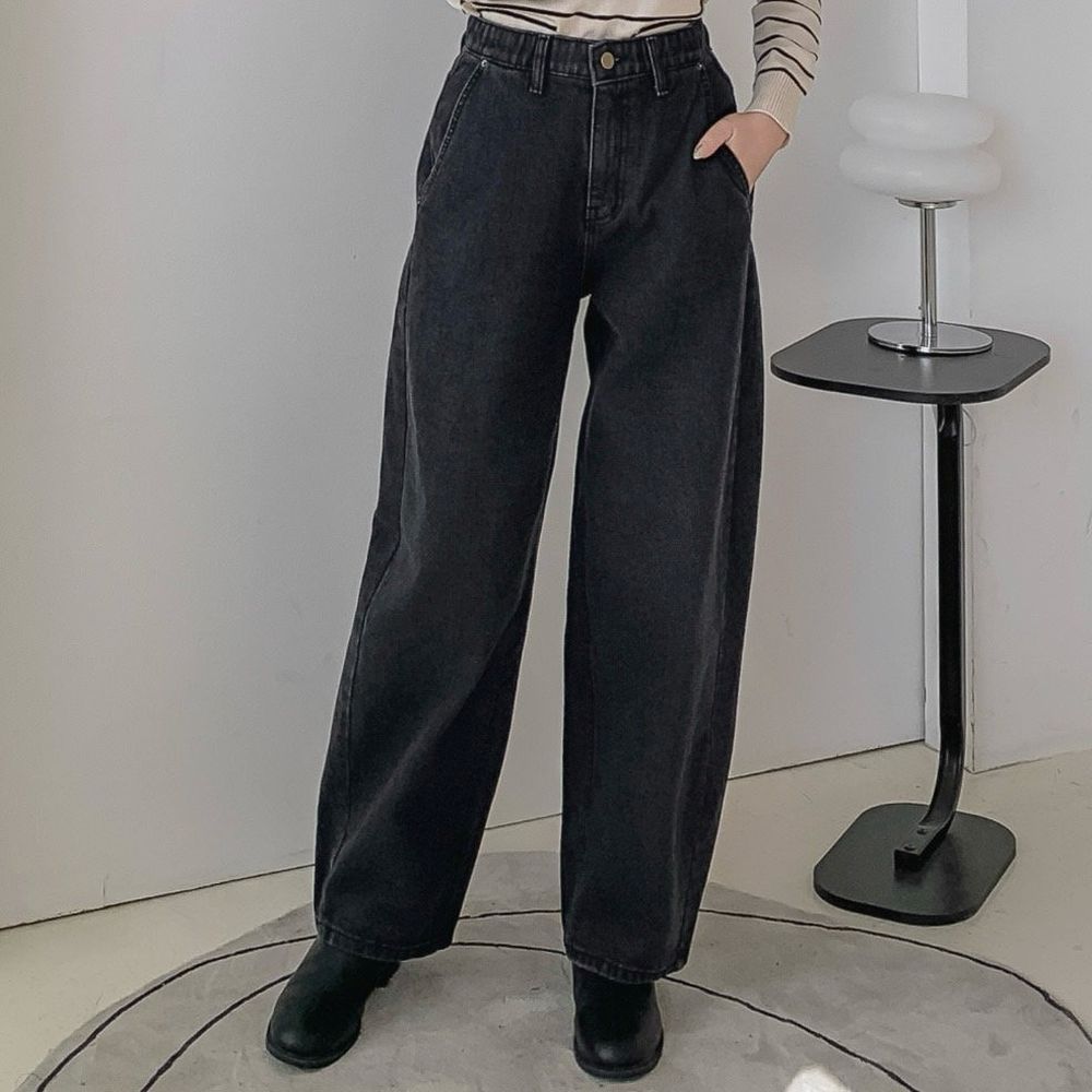 EDITION (內磨毛)彈性腰極簡好搭錐形褲-黑