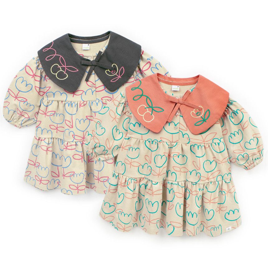 韓國Pimpollo - 可拆翻領可愛花朵洋裝-灰