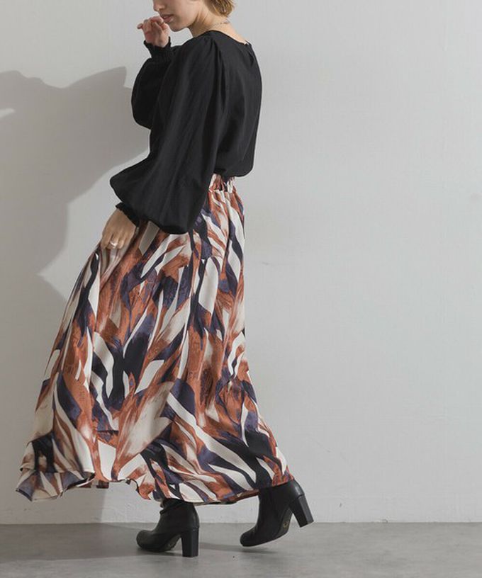 日本 Lupilien - 油畫線條感印花飄逸長裙(附口袋)-綠棕系