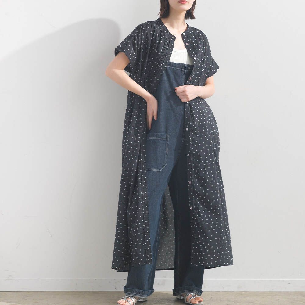 100%印度棉 襯衫式印花短袖洋裝-黑底白點