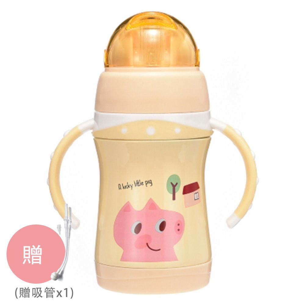 BABY TALK - 可愛動物不鏽鋼2用水杯兒童水壺-㣲笑豬-鵝黃色 260ml-獨家贈替換吸管*1