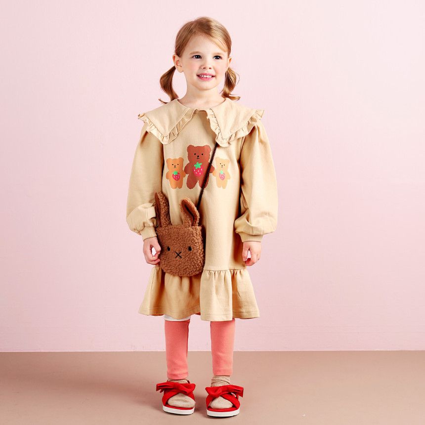 韓國 WALTON kids - 可愛動物印荷葉翻領連身洋裝-草莓熊-淺卡其