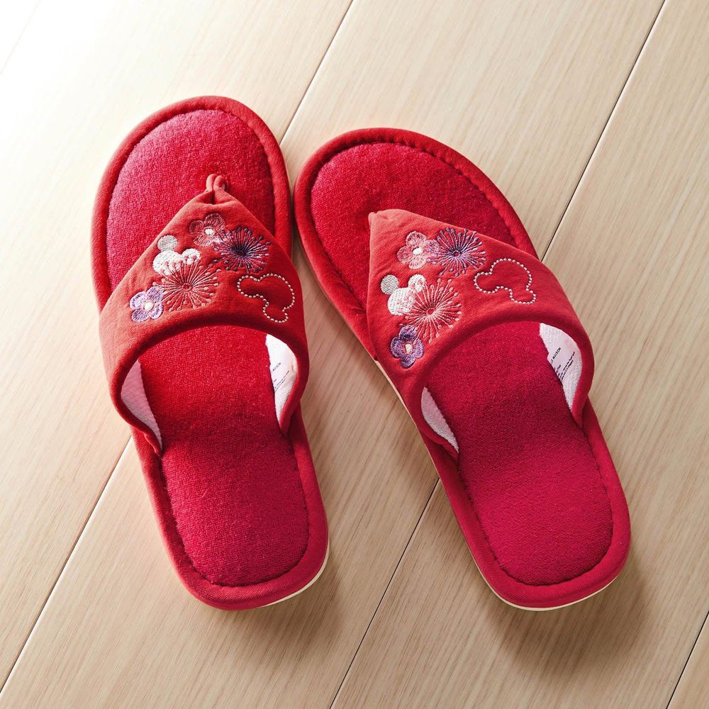 日本千趣會 - 迪士尼 刺繡夾腳室內拖鞋-花朵-紅 (23-25cm)
