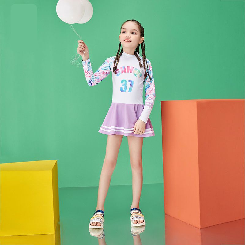 女寶運動風長袖連身裙泳衣-數字37-紫+白