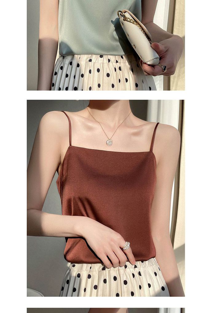 香茉 CHANMODE - 冰絲綢緞雪紡爽滑冰肌緞面吊帶文胸一體式結構平口吊背心(無罩杯)-黑色