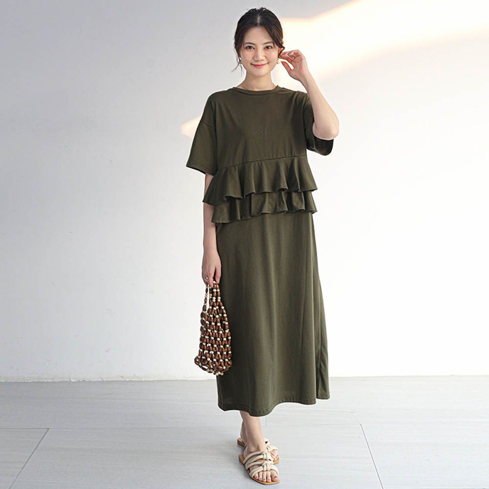 前後2way荷葉邊百搭長洋裝-軍綠色
