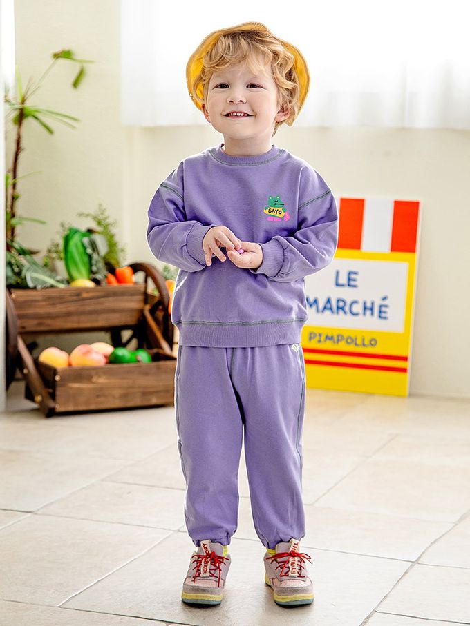 韓國 Pimpollo - 胸前鱷魚點綴圓領長袖套裝-粉橘