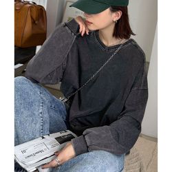 日本 Classical Elf - 俐落洗舊感V領寬版長袖T恤-炭黑