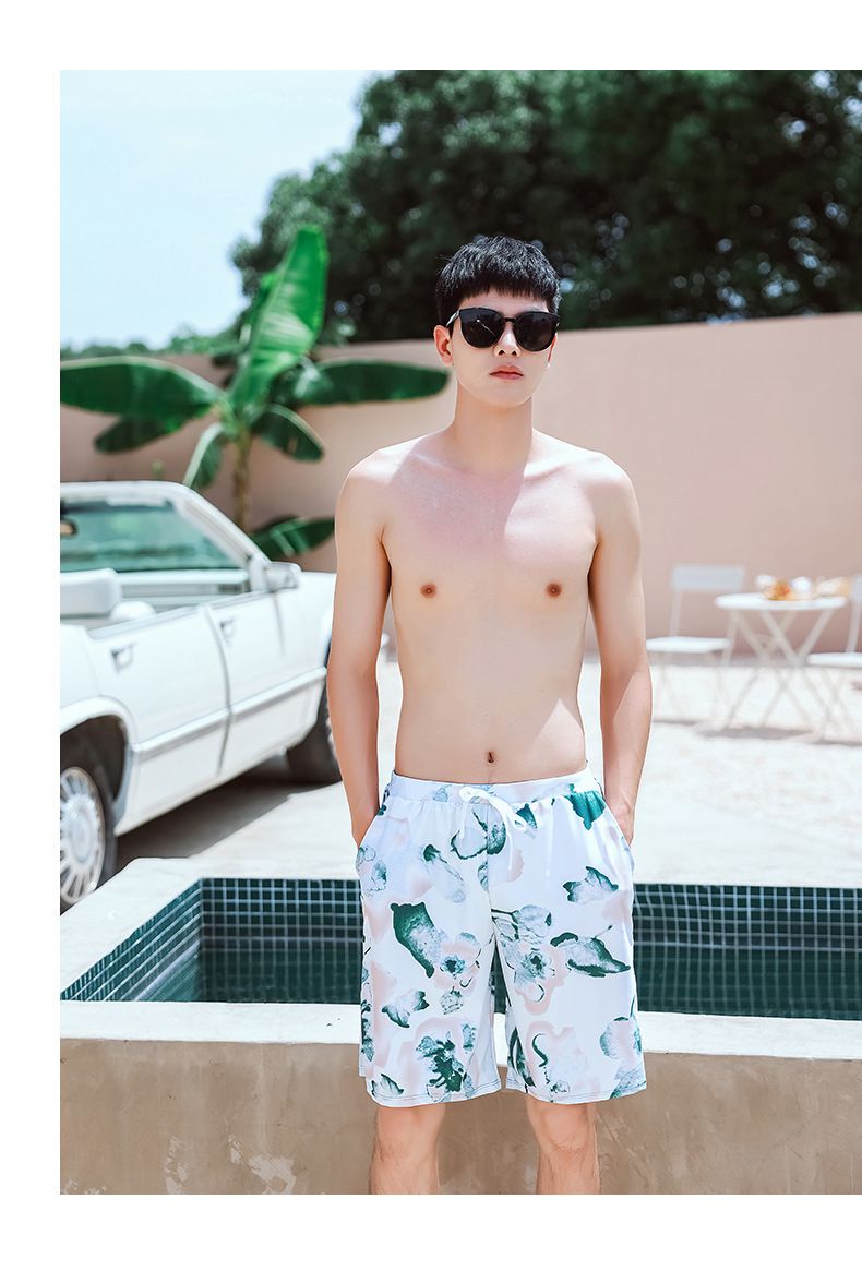 男士泳褲-潑墨葉片-綠+白-直播專屬