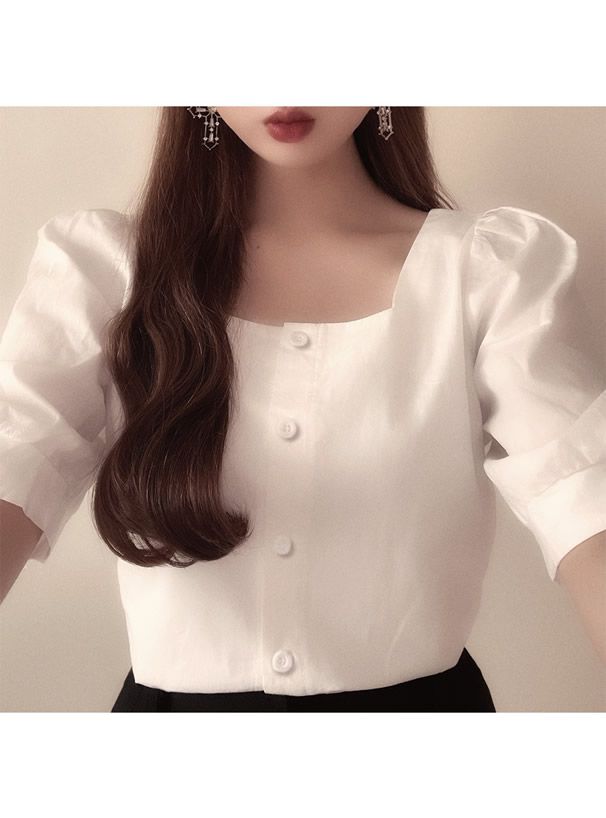 日本 GRL - 簡約法式方領泡泡袖上衣-天使白