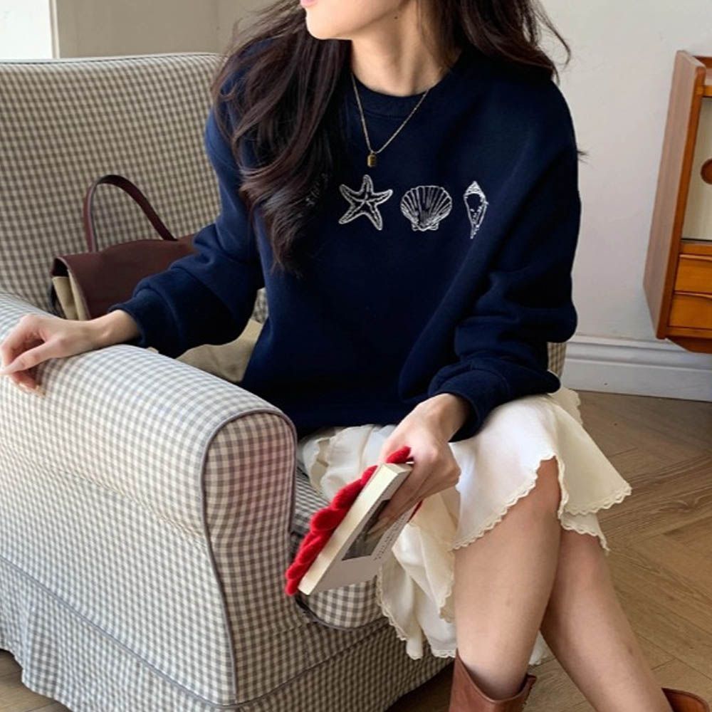 長袖大學T-貝殼刺繡-藏青 (F)